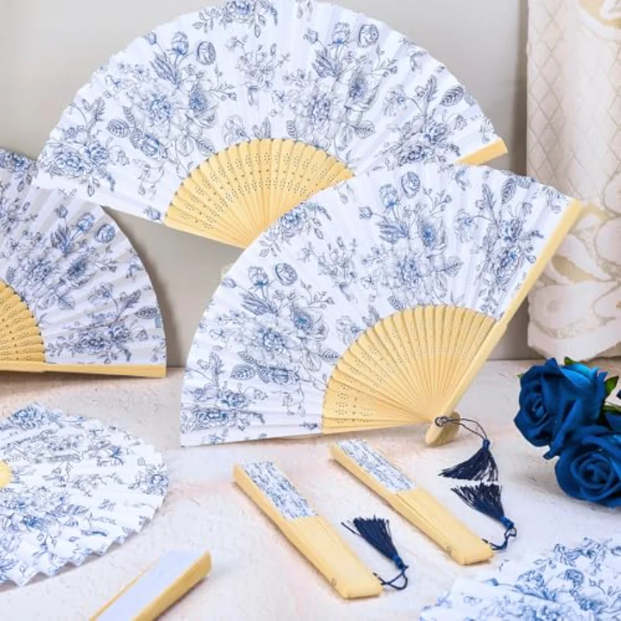 25 Sets Blue Floral Hand Folding Fans with Tassels and Organza Bags, view 3