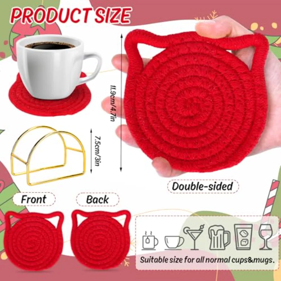Christmas Cat Ear Coaster Set Red Green Xmas Color Cat Ear Shape Handmade, view 2