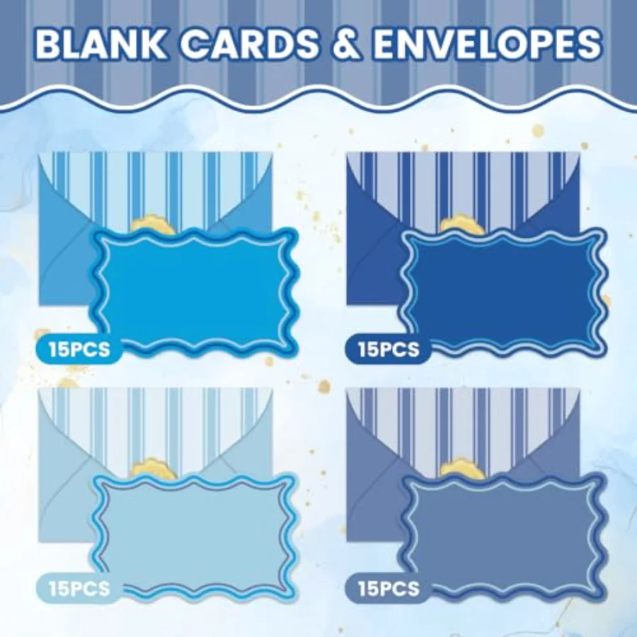 60Pcs Flat Blank Notes with Envelopes 4 Gradient Blue Wavy Border Blank, view 3