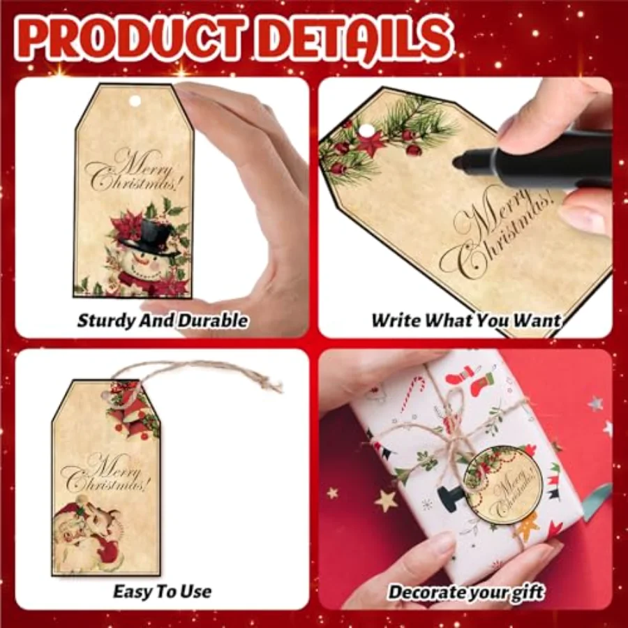 100 Pcs Vintage Christmas Paper Gift Tags Blank Tags Brown Xmas Santa, view 3