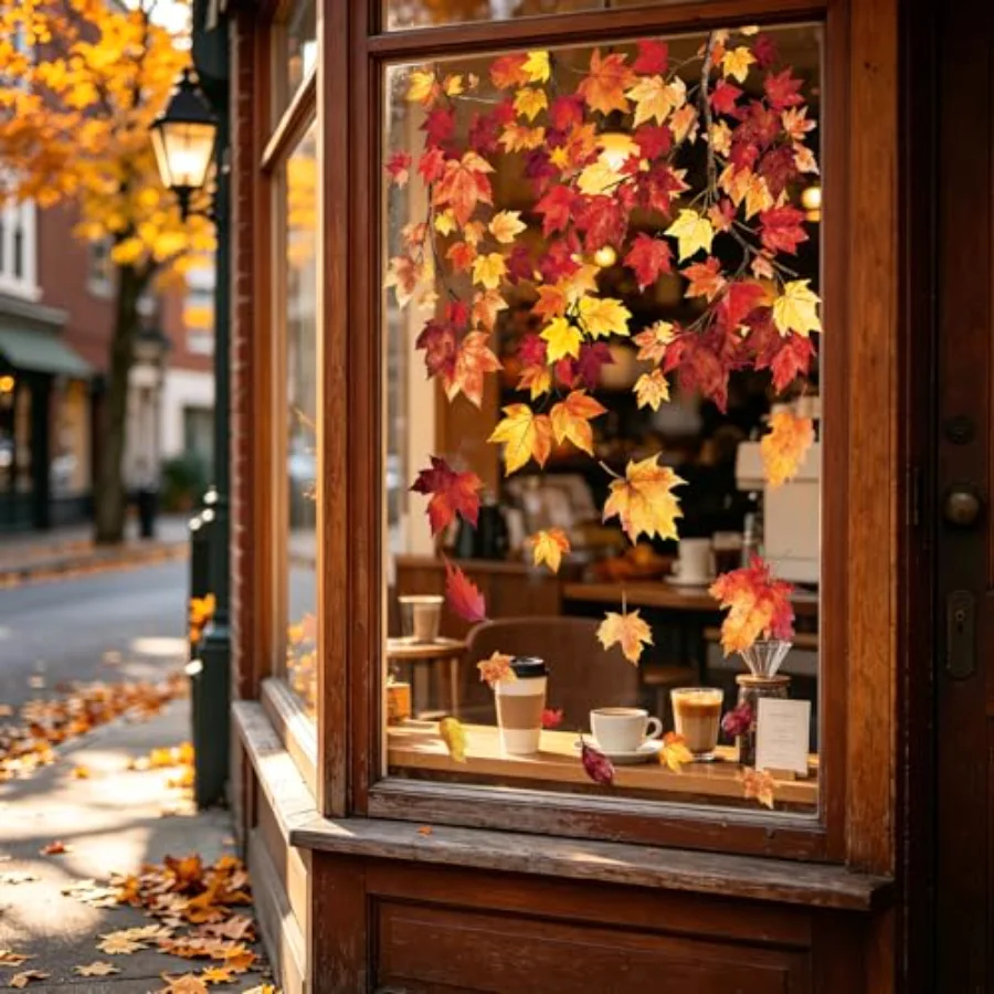 6 Sheet Fall Window Clings Hanging Maple Leaf Window Decals Colorful, view 3