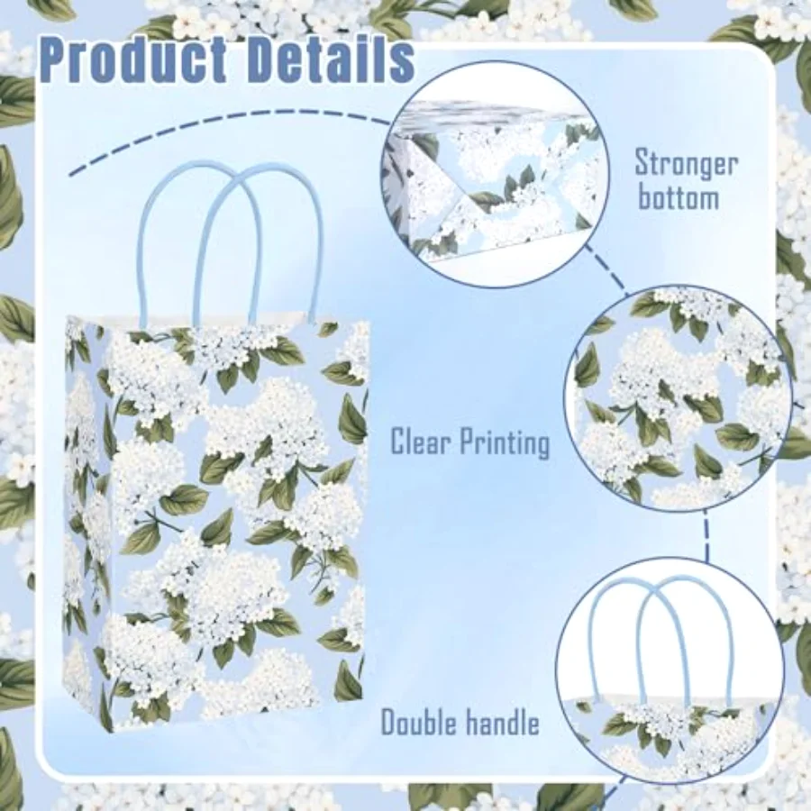 16Pcs Blue Floral Paper Bag with Handles 20 Sheets Tissue Paper Treat Bags, view 3