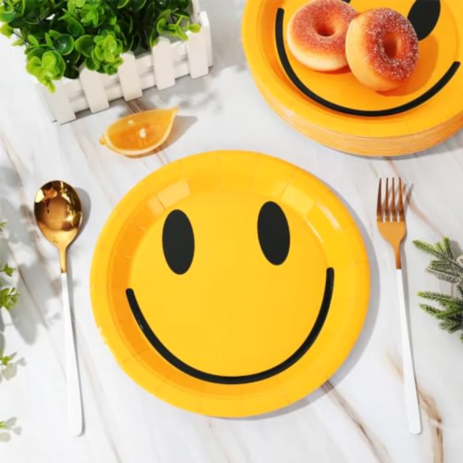 One Happy Dude Paper Plates Smile Face Disposable Plates Yellow Dessert, view 4