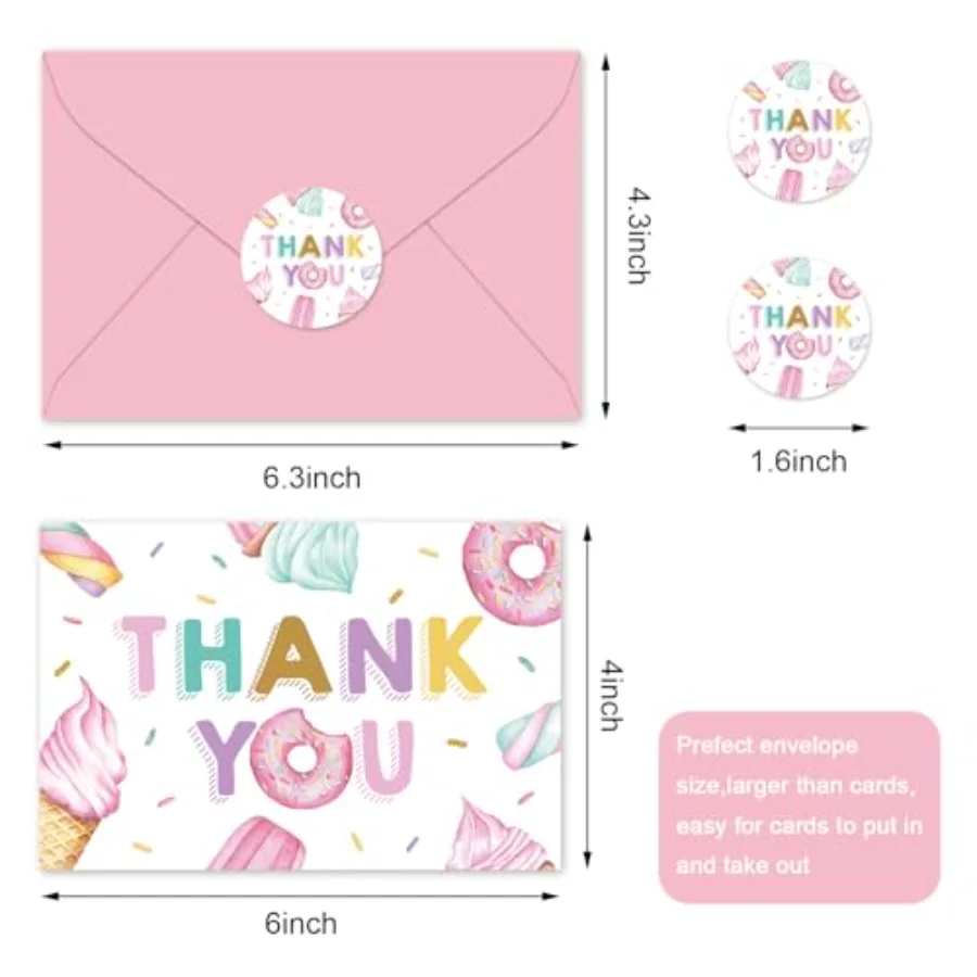 24 Pack Sweet Party Thank You Cards Bulk Ice Cream Donut Cupcake Note, view 2