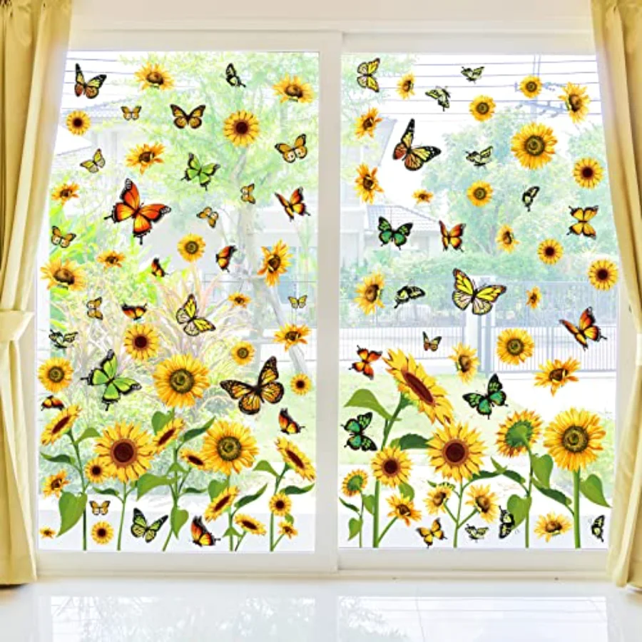 6 Sheets Sunflower Window Clings Spring Summer Flower Butterfly Window, view 3