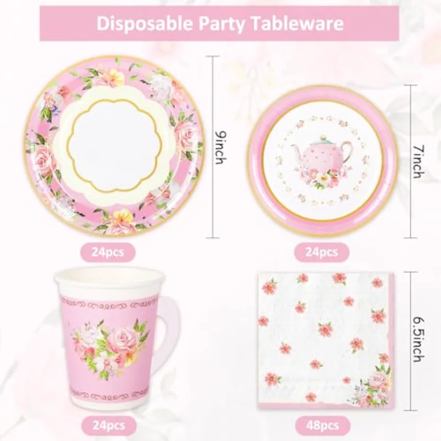 Pink Tea Party Tableware Supplies Serves 24 Pink Floral Tea Party, view 2