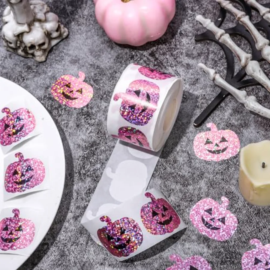Halloween Stickers Roll Holographic Pink Pumpkin Shape Seal Stickers, view 3