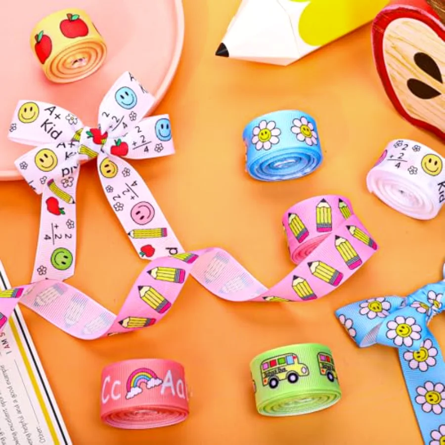 6 Rolls Back to School Grosgrain Ribbons Groovy Pastel Fabric Craft Ribbon, view 4