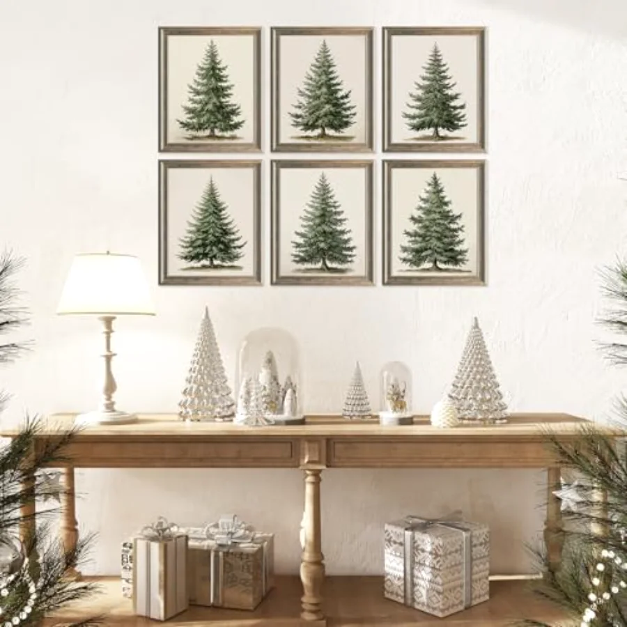 6Pcs Christmas Tree Wall Art Print Wall Decor Vintage Green Beige Xmas, view 4