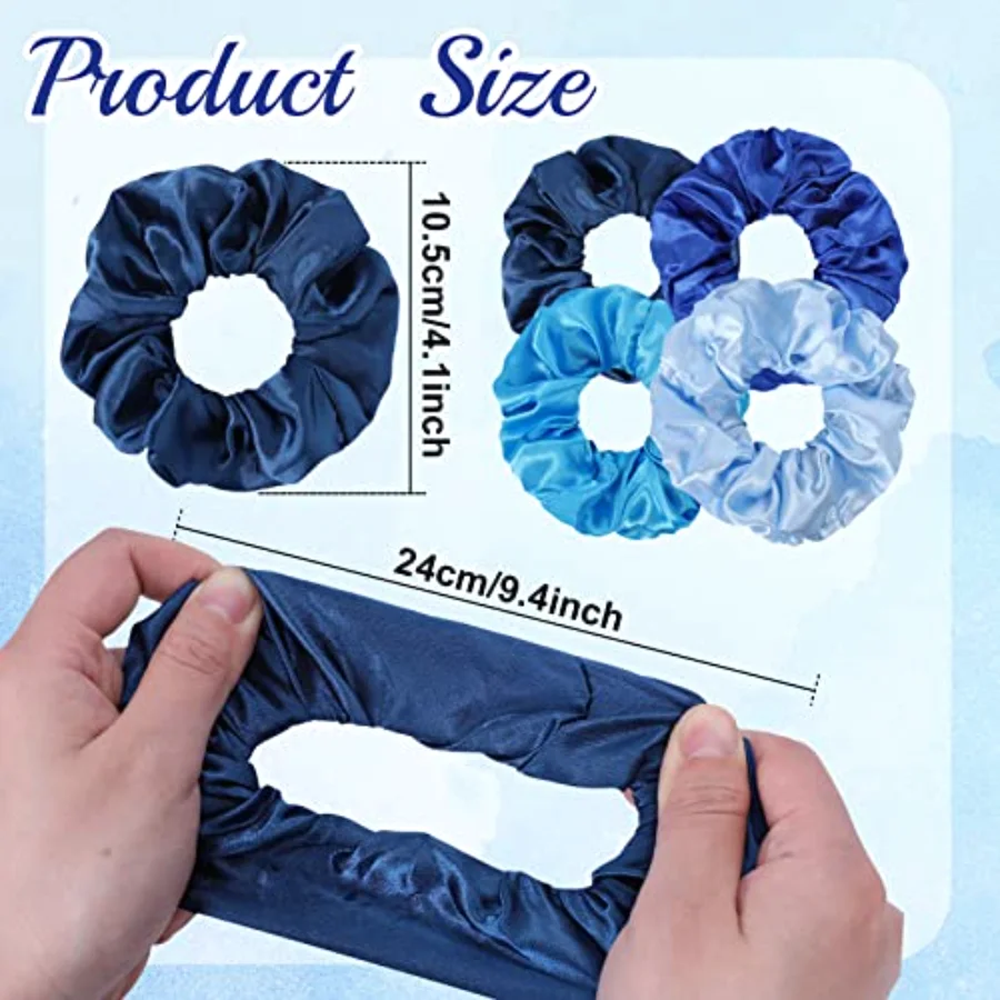 10Pcs Blue Satin Fabric Hair Ties Bulk Ponytail Holders Scrunchies Elastic, view 2