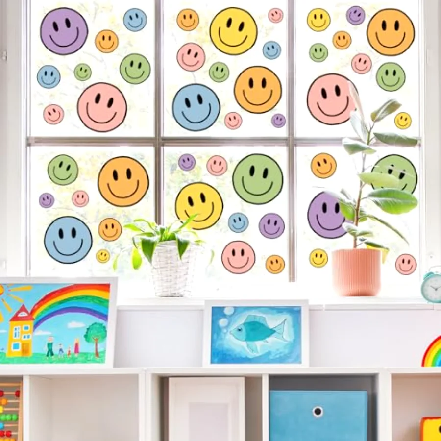 9 Sheet Smile Face Window Clings Happy Face Window Decals Boho Pastel, view 2