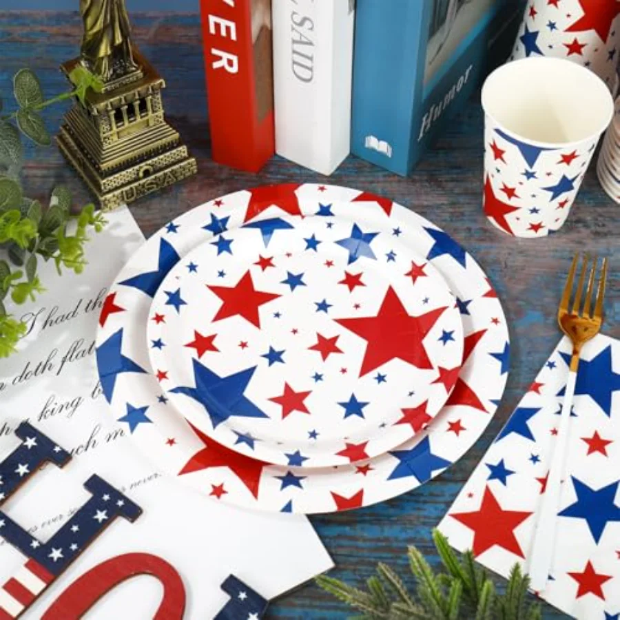 96Pcs Patriotic Party Supplies Set Disposable Red Blue Star Paper Plates, view 3