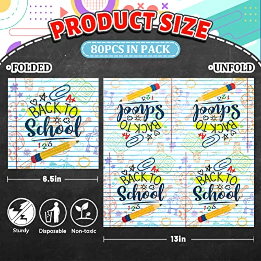 80 Pack Back to School Paper Napkins 6.5 x 6.5 Inch Pencil Homework Prints, view 2