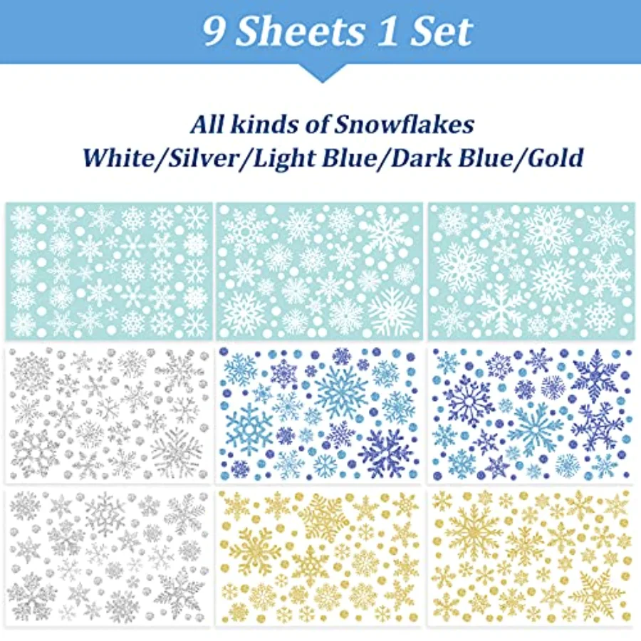 541Pcs Winter Snowflake Window Clings Glitter White Silver Blue Gold, view 4