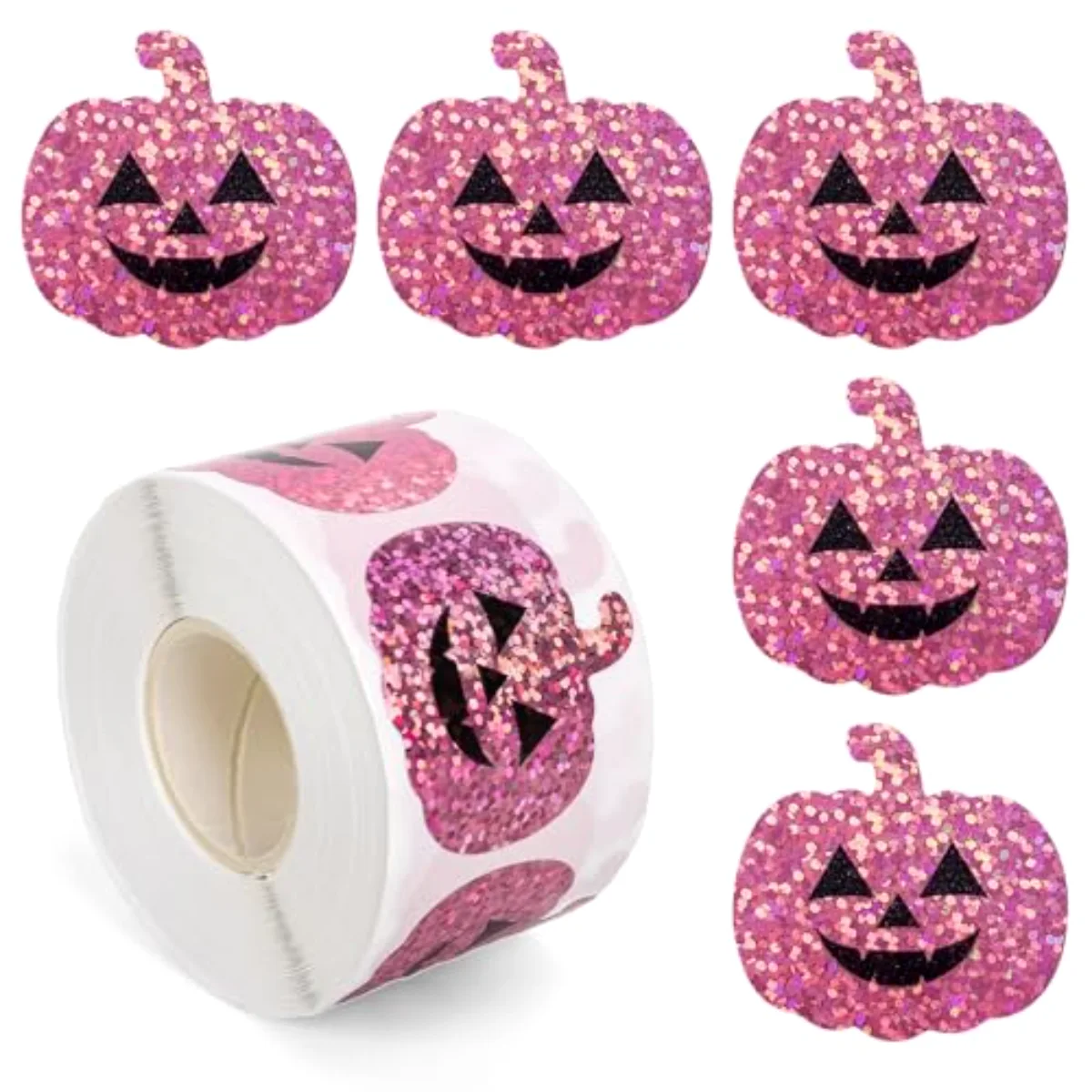 Halloween Stickers Roll Holographic Pink Pumpkin Shape Seal Stickers