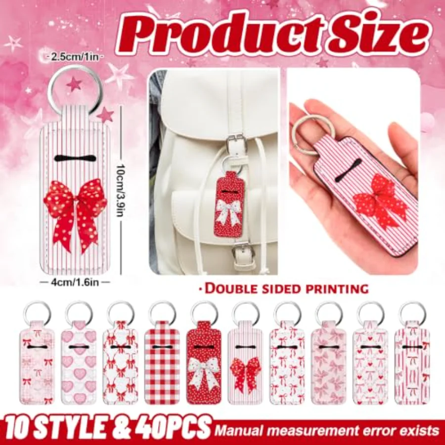 40Pcs Coquette Bow Lipstick Holder Keychain Red Bow Pocket Lip Balm Holder, view 2