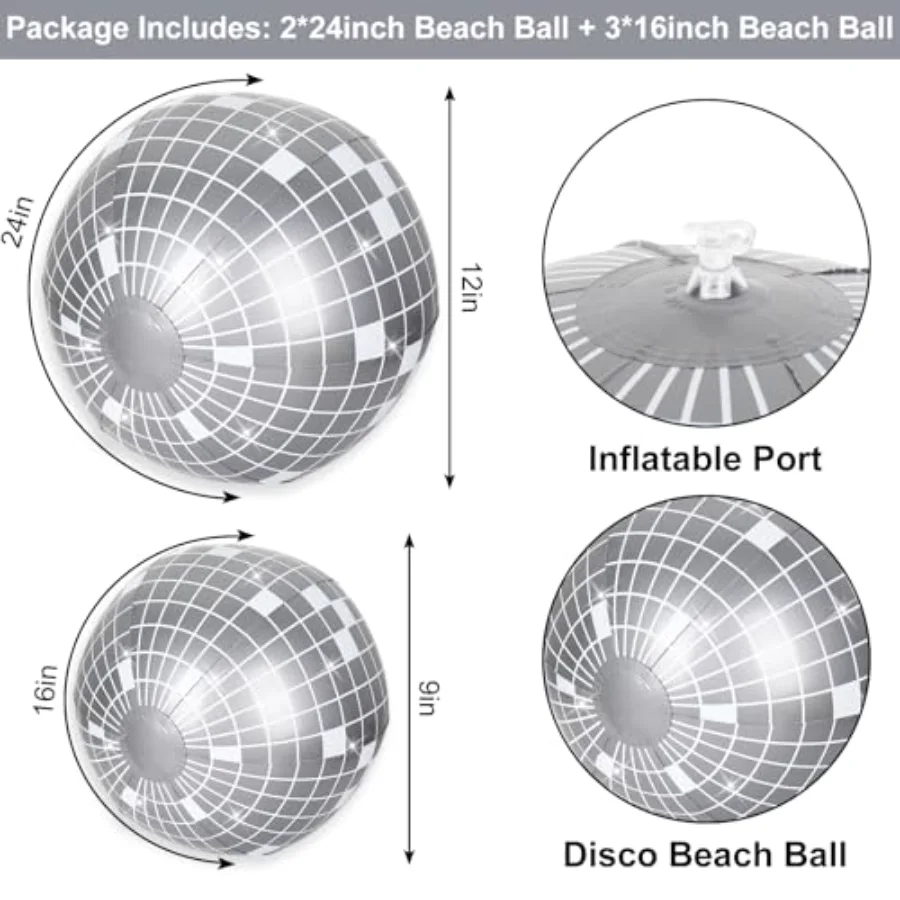 5Pcs Inflatable Disco Beach Ball 24 & 16 Inch Round Pool PVC Balls Disco, view 2