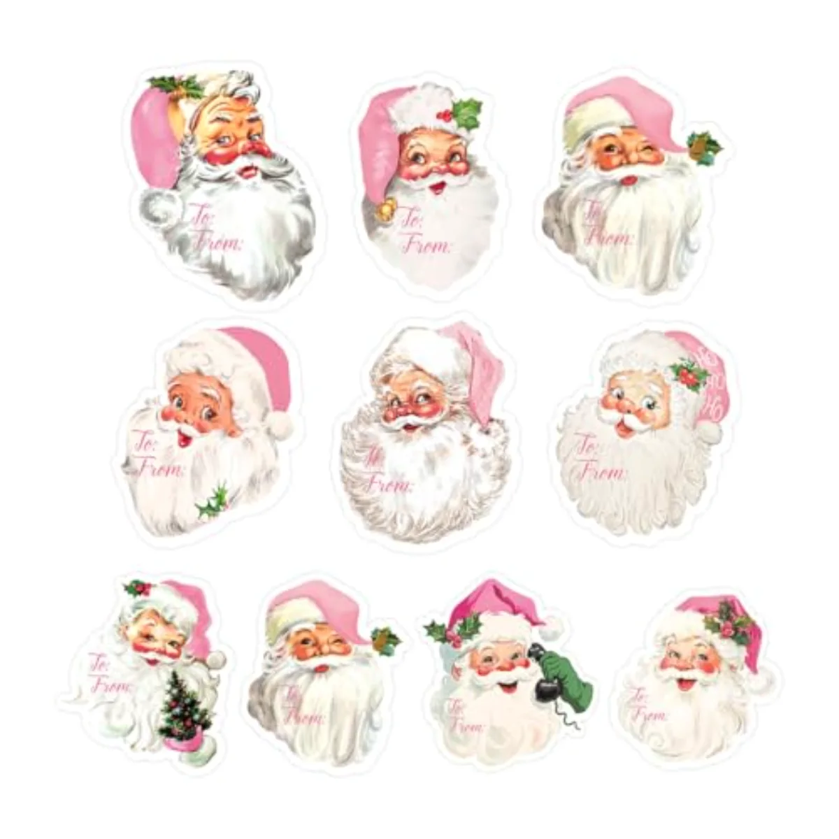 200Pcs Pink Santa Claus Name Tag Stickers 10 Design Christmas Santa Gift
