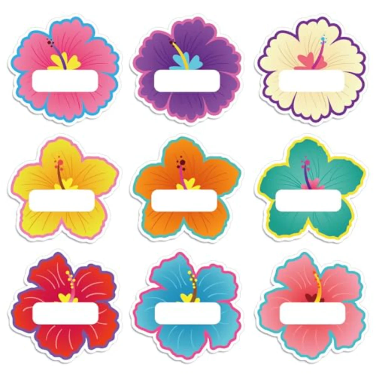 90Pcs Hibiscus Flower Name Tag Stickers Colorful Floral Blank Nameplate