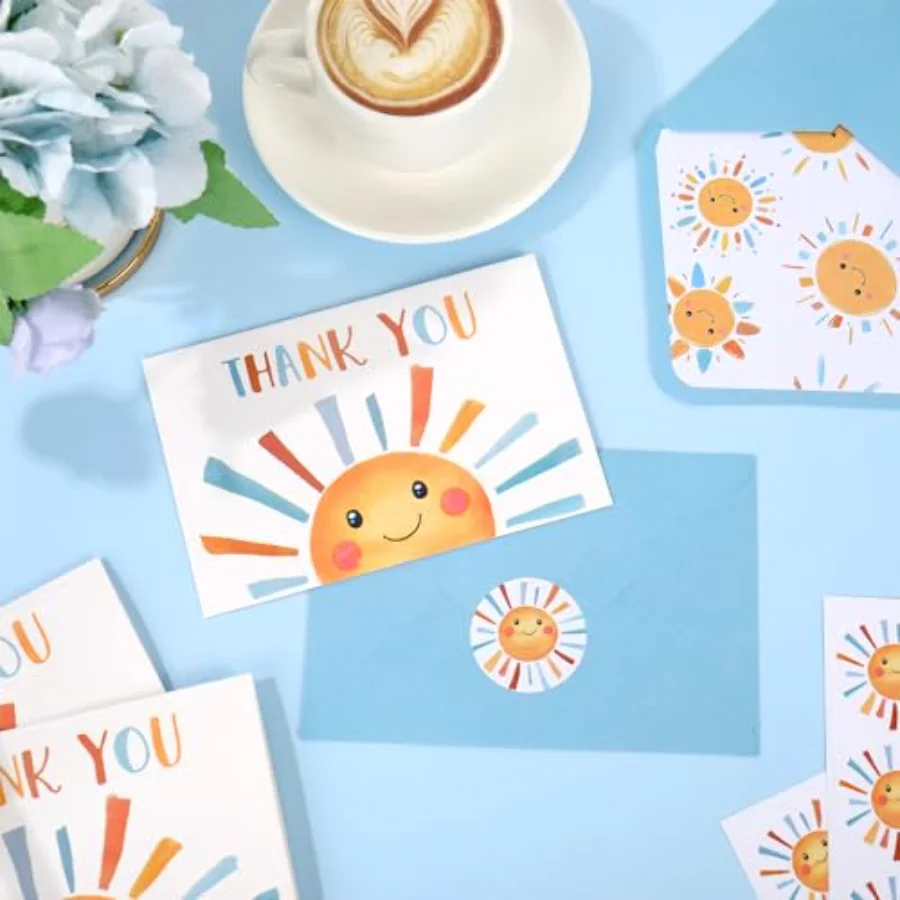 24 Pack Boho Sun Thank You Cards Blue Brown Sunshine Note Card with, view 3