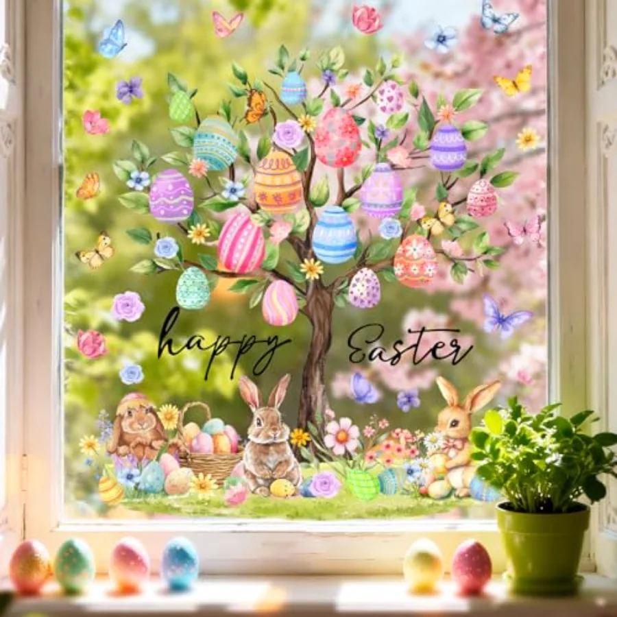 6 Sheet Easter Window Clings Window Decal Large Bunny Rabbit Egg Tree, view 2