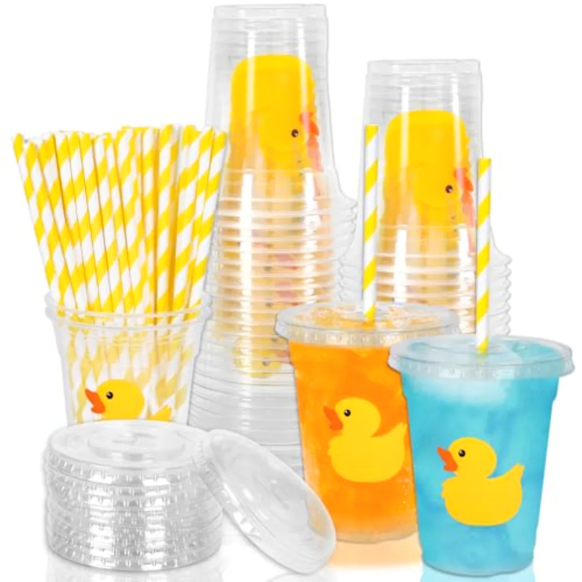 50 Pcs Yellow Duck Plastic Cups with Lids and Straws 12 Oz Cute Duck