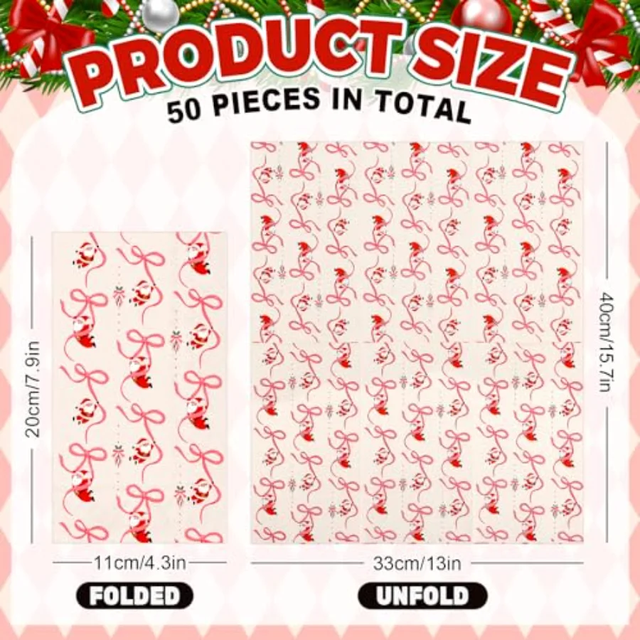 50 Pcs Christmas Bow Santa Guest Paper Napkins Pink Claus Disposable, view 2