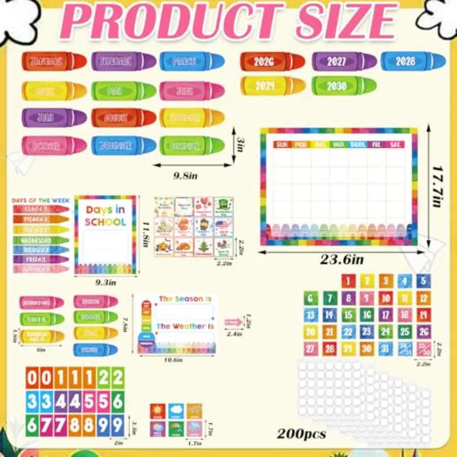 200Pcs Classroom Calendar Set Bulletin Board Decor Colorful Crayon, view 2