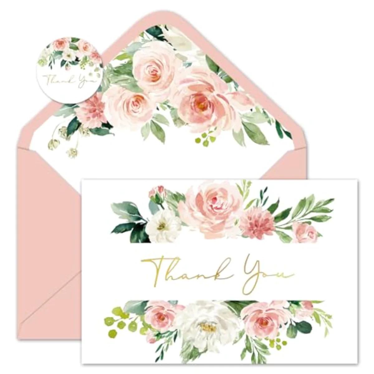 24 Pack Floral Thank You Cards Bulk Watercolor Pink Flower Foil Gold Thank