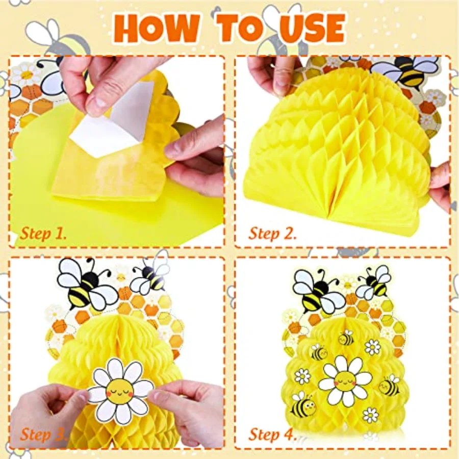4Pcs Bee Party Decorations Yellow Honeycomb Centerpiece Spring Summer, view 3