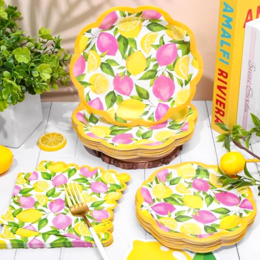 72 Pcs Summer Lemon Scalloped Tableware Set Pink Yellow Lemon Fruit, view 3