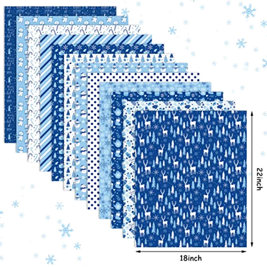 12Pcs 18" x 22" Christmas Fat Quarter Fabric Bundles Winter Blue White, view 2