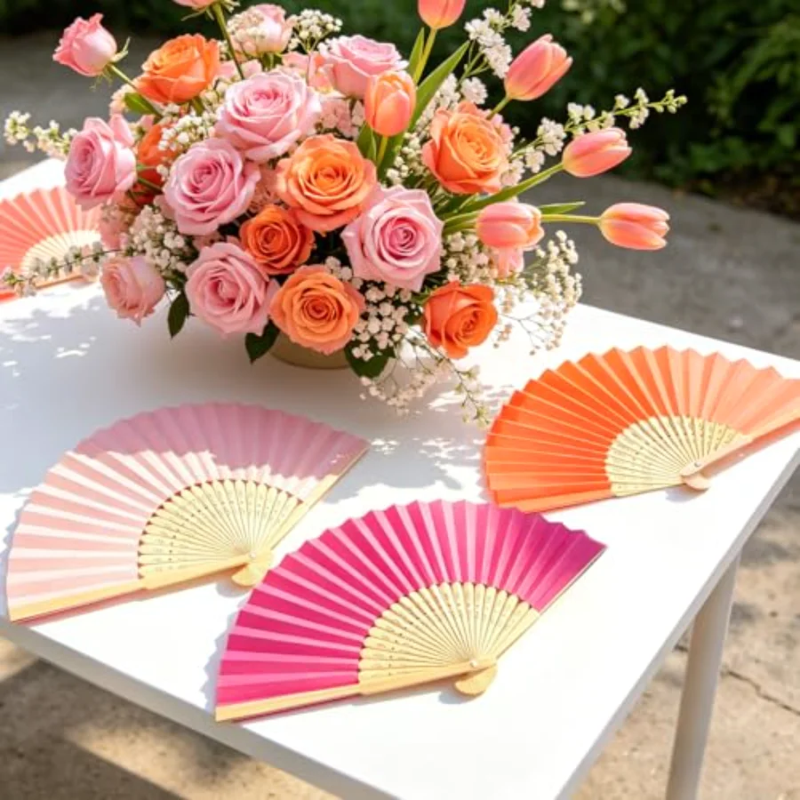 12Pcs Pink Orange Hand Fans 3 Assorted Colors Paper Folding Fans Summer, view 4