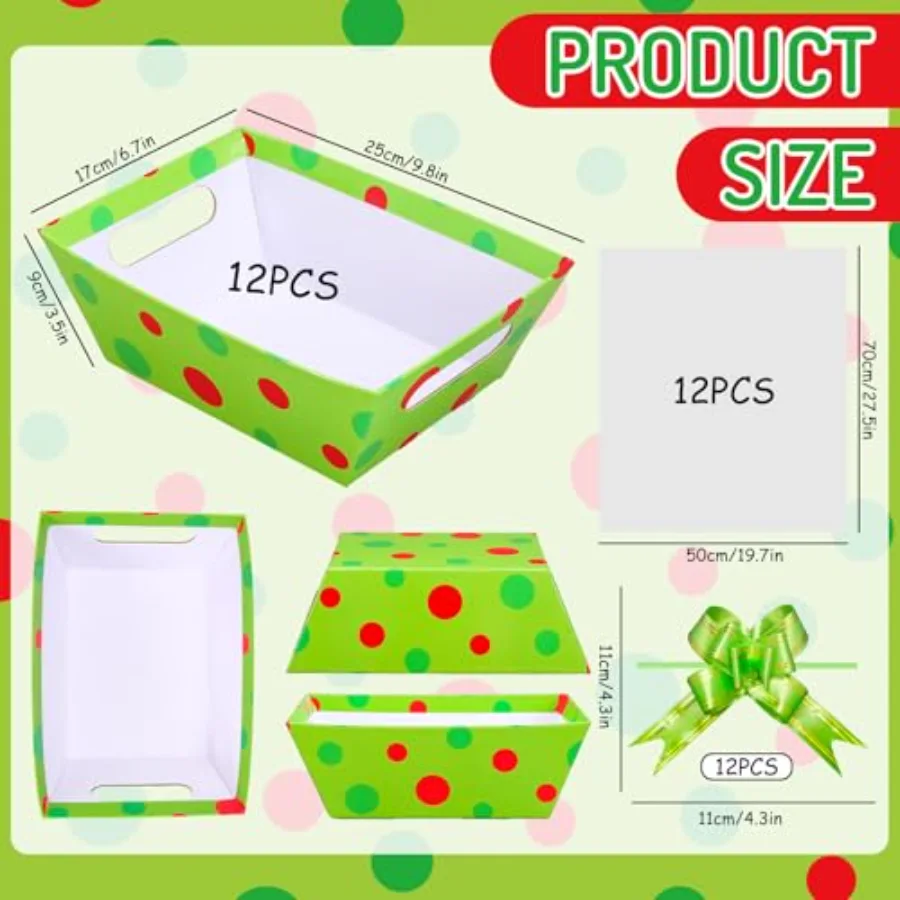 12 Pack Christmas Empty Gift Basket Kit Bulk Red Green Polka Dot Cardboard, view 2
