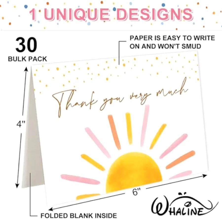 30 Packs Baby Shower Thank You Cards Greeting Card Pink Boho Sun Sunshine, view 2