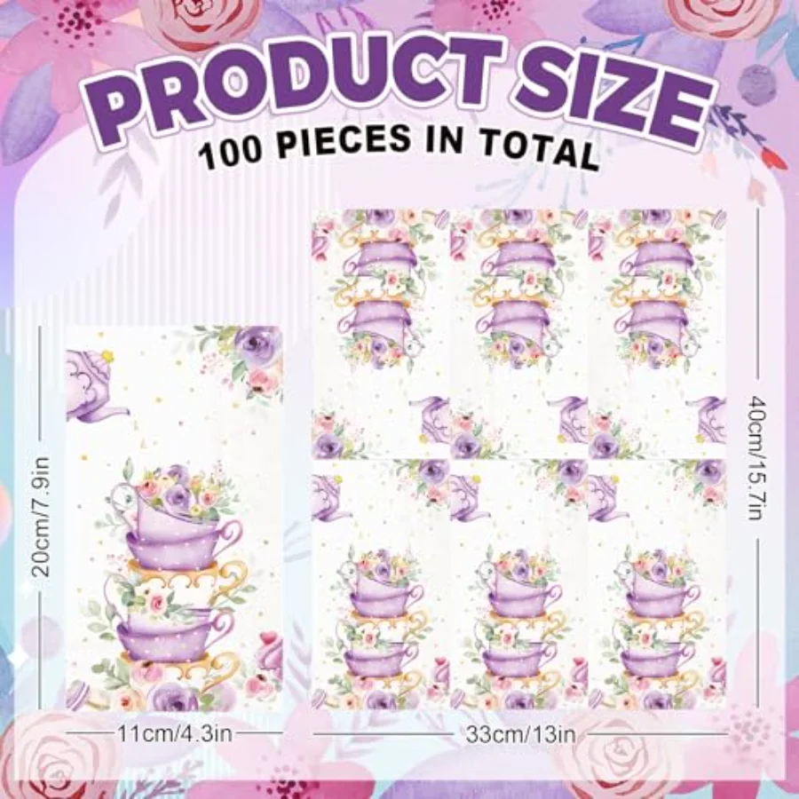 100 Pcs Tea Party Guest Napkins Disposable Napkins Purple Flower Floral, view 2