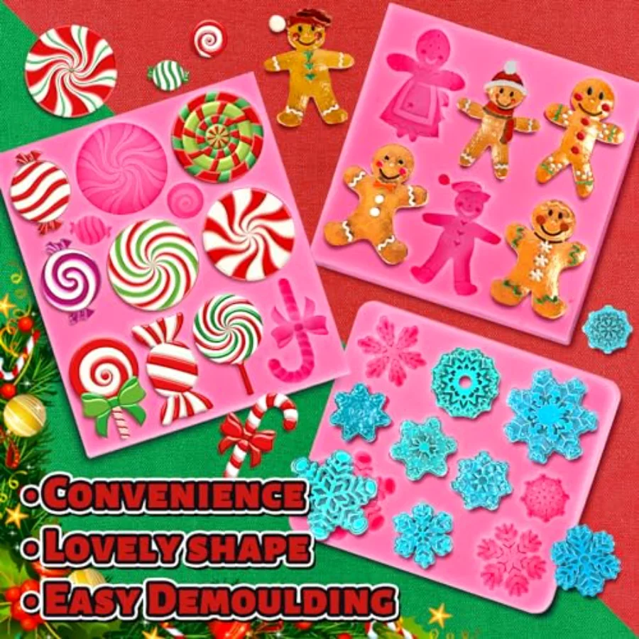 3Pcs Christmas Candy Fondant Mold Pink Gingerbread Man Snowflake Silicone, view 3