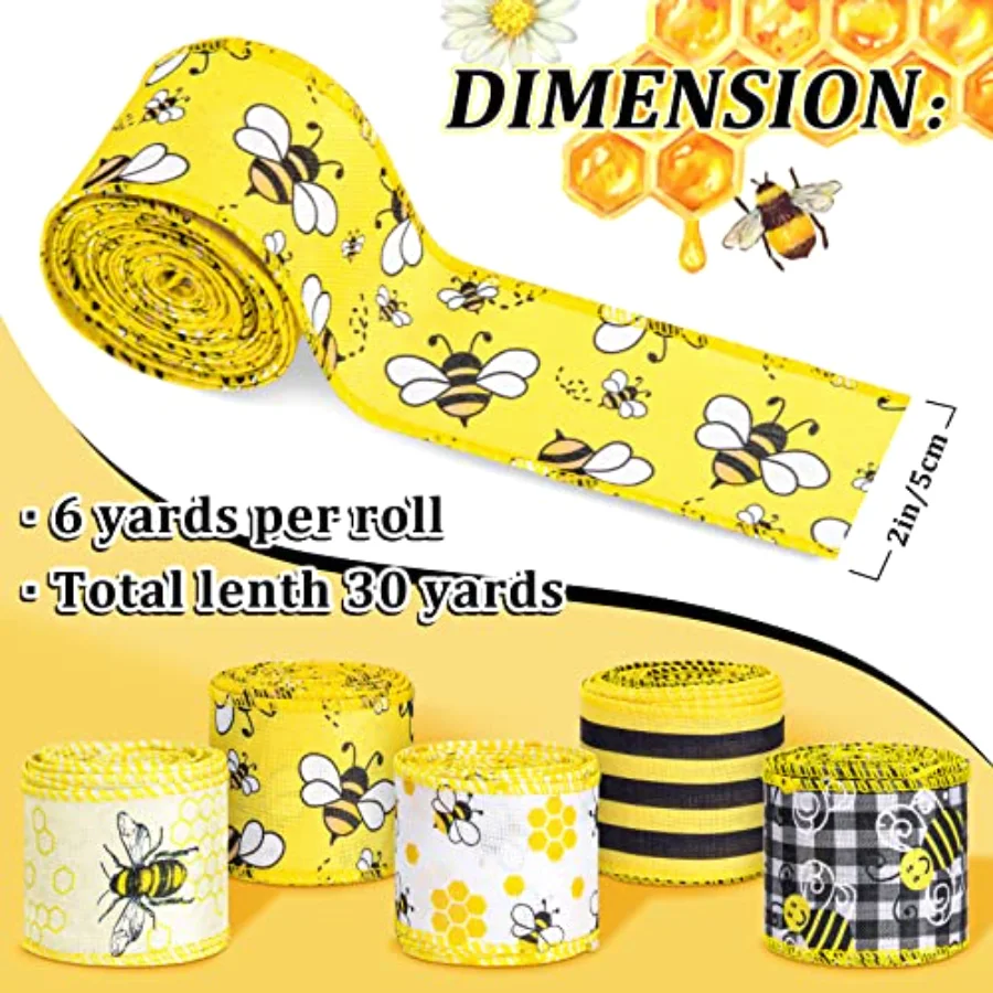 Bee Wired Edge Ribbon 30 Yards 2 Inch World Bee Day Fabric Ribbons 5, view 2