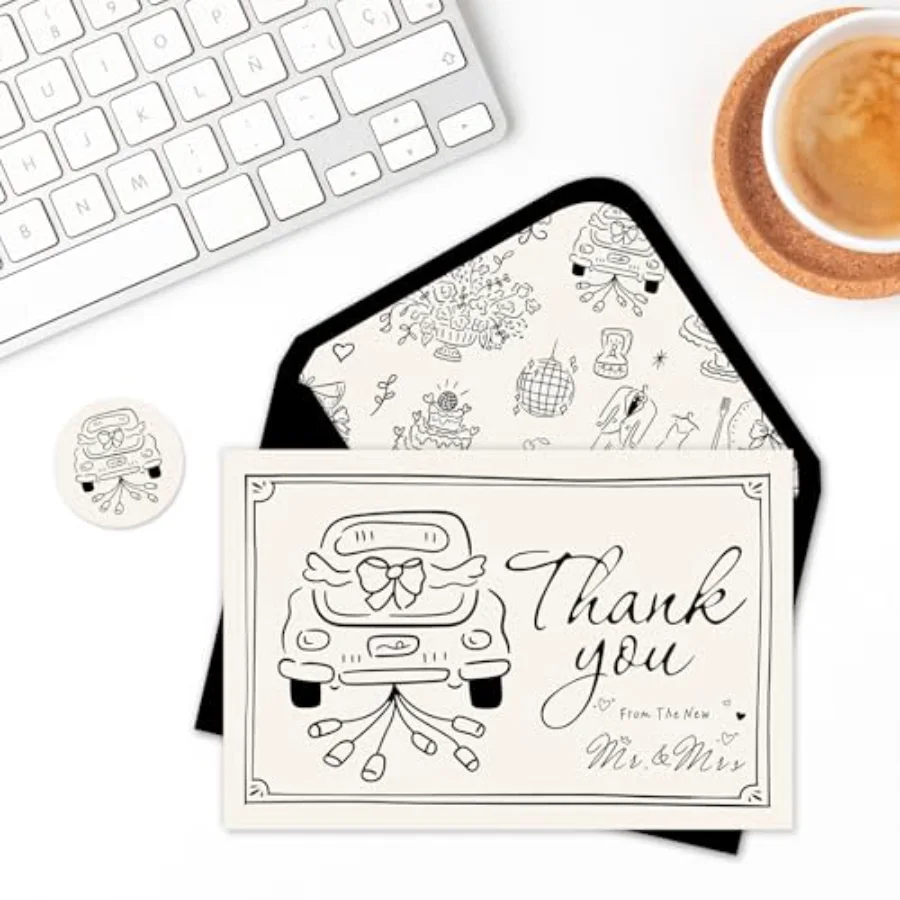 24 Pack Wedding Thank You Cards Black The New Mr & Mrs Car Cake, view 4