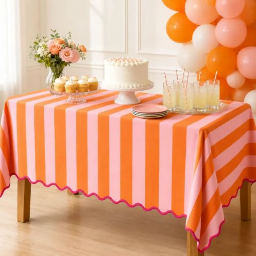 Scalloped Edge Tablecloth, Orange Pink Wide Striped, view 4