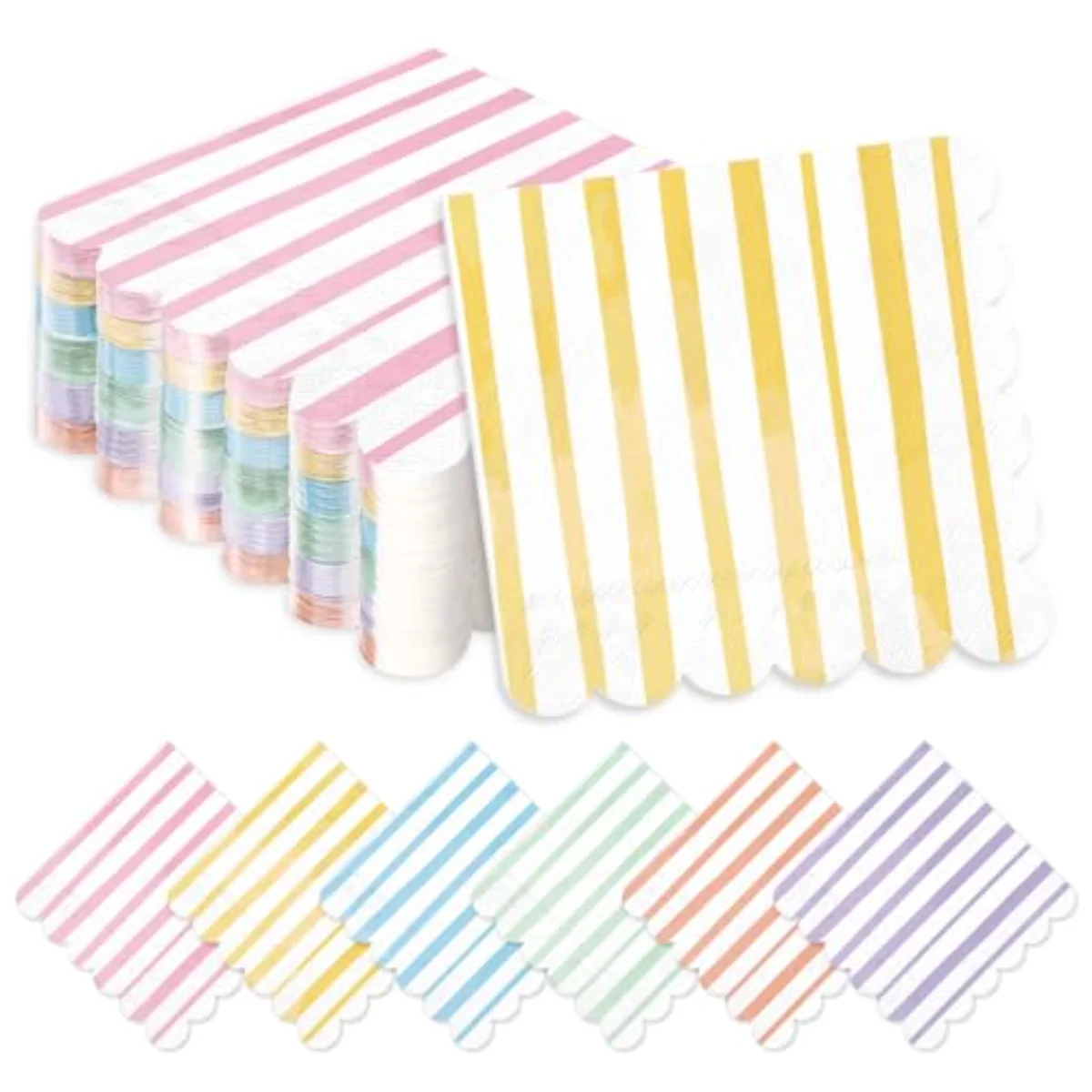 120 Pcs Scalloped Pastel Cocktail Napkins 6 Mixed Stripe Ice Cream Paper