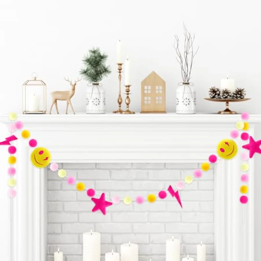 Preppy Felt Banner 3D Pink Face Lighting Star Banner Felt Ball Garland, view 3