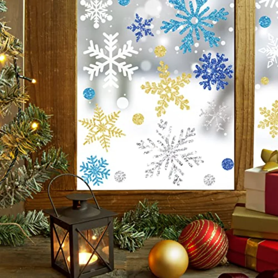 541Pcs Winter Snowflake Window Clings Glitter White Silver Blue Gold, view 3