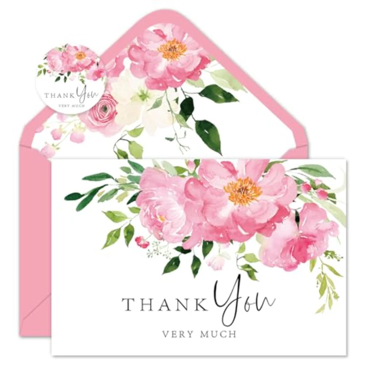 50 Pack Floral Thank You Cards Pink Flower Boxed Note Cards with Envelope