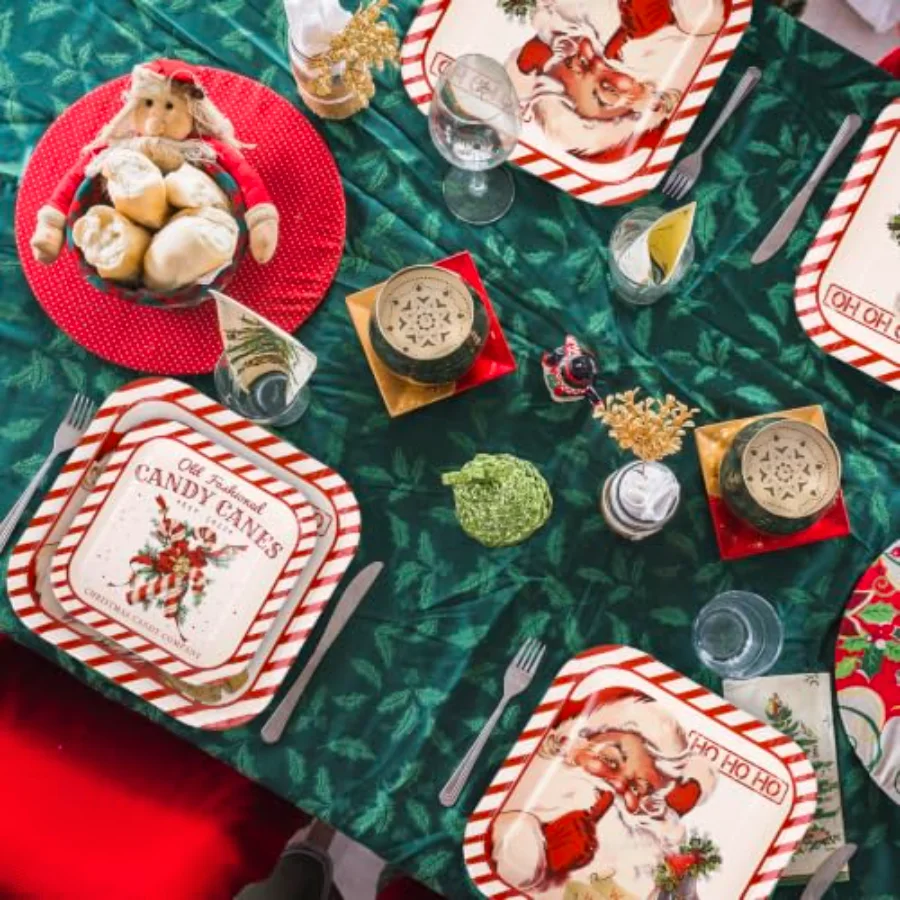40Pcs Christmas Vintage Tableware Set Santa Candy Cane Stripe Paper Plates, view 4