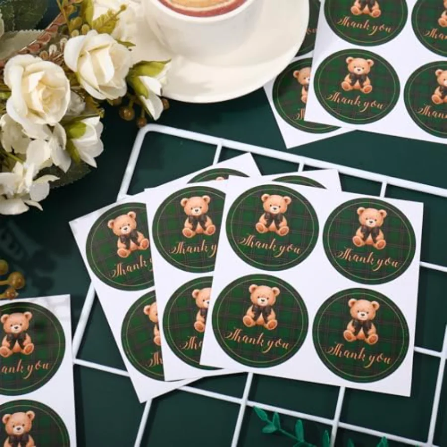 60Pcs Baby Shower Thank You Stickers 2 Inch Green Tartan Plaid Bear Round, view 3