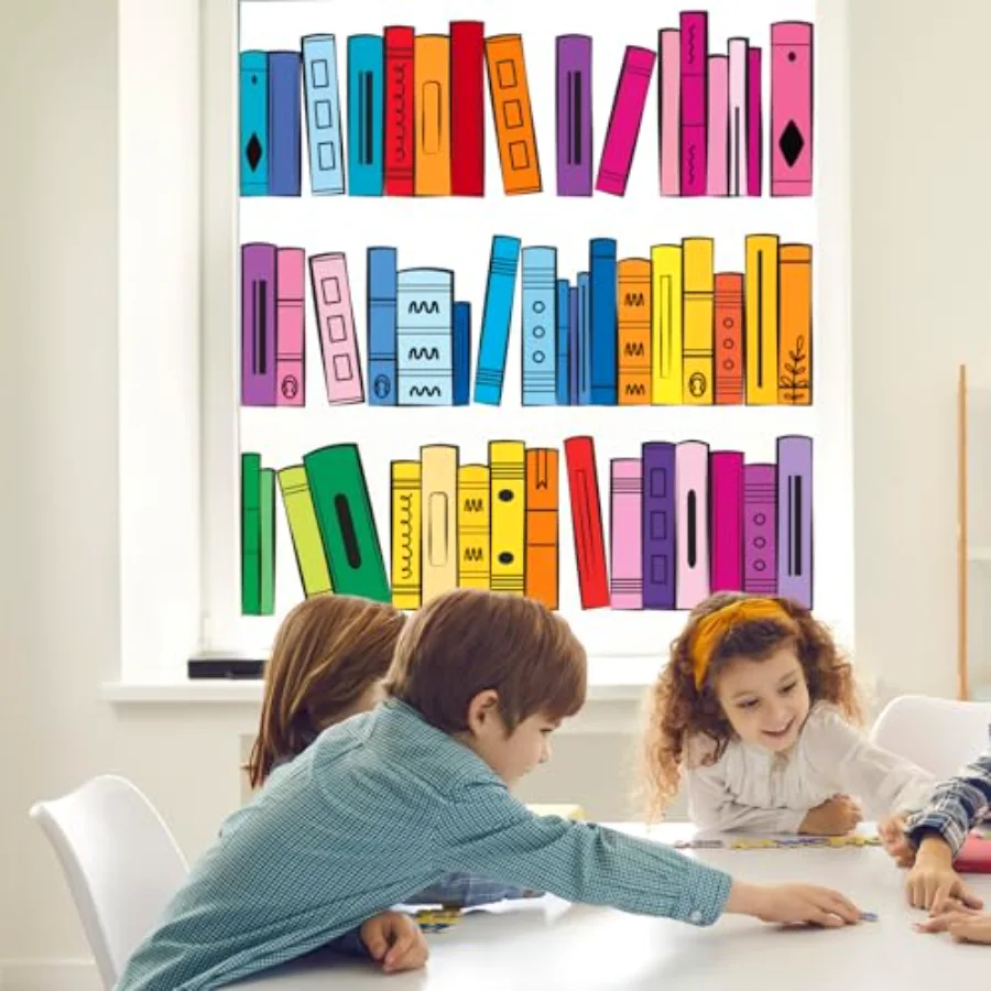 9 Sheets Back to School Window Clings Colorful Bookshelf Window Decal, view 3