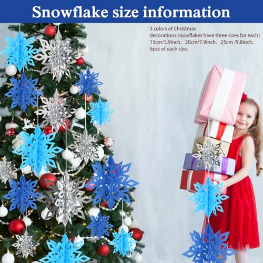 18Pcs Christmas Hanging Decorations Blue Silver 3D Snowflake Paper Hanging, view 2