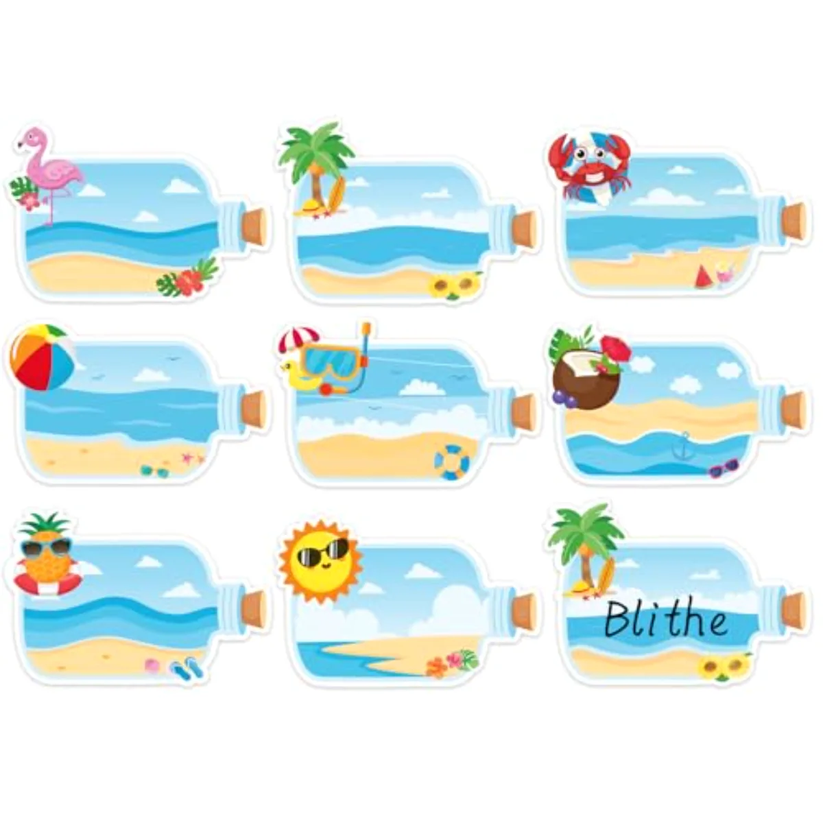 160Pcs Summer Beach Bottle Name Tag Stickers Hawaiian Beach Drift Bottles