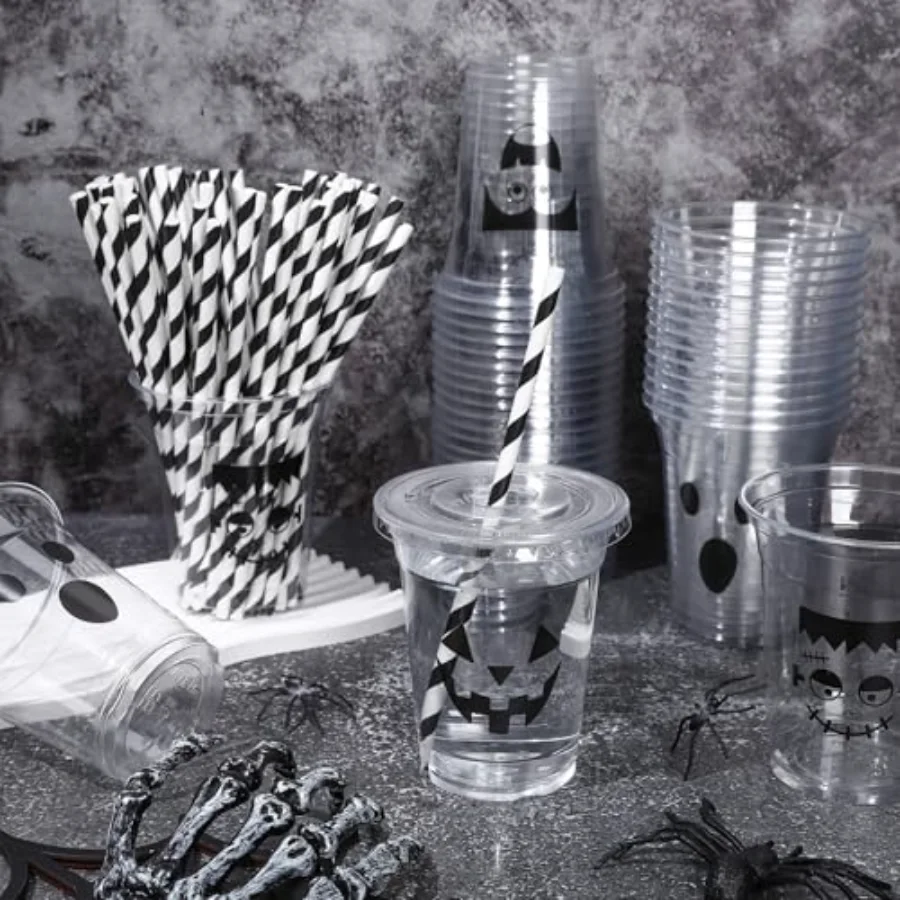 60 Pcs Halloween Disposable Plastic Cups with Lids and Straws 12 oz, view 4
